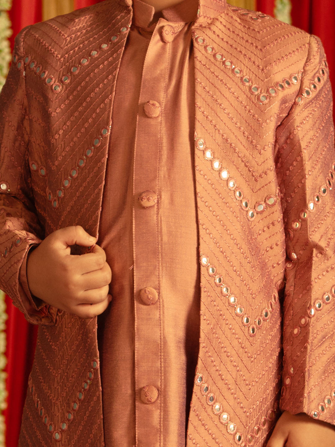 Boy's' Onion Pink And Cream Ethnic Mirror Combo Set