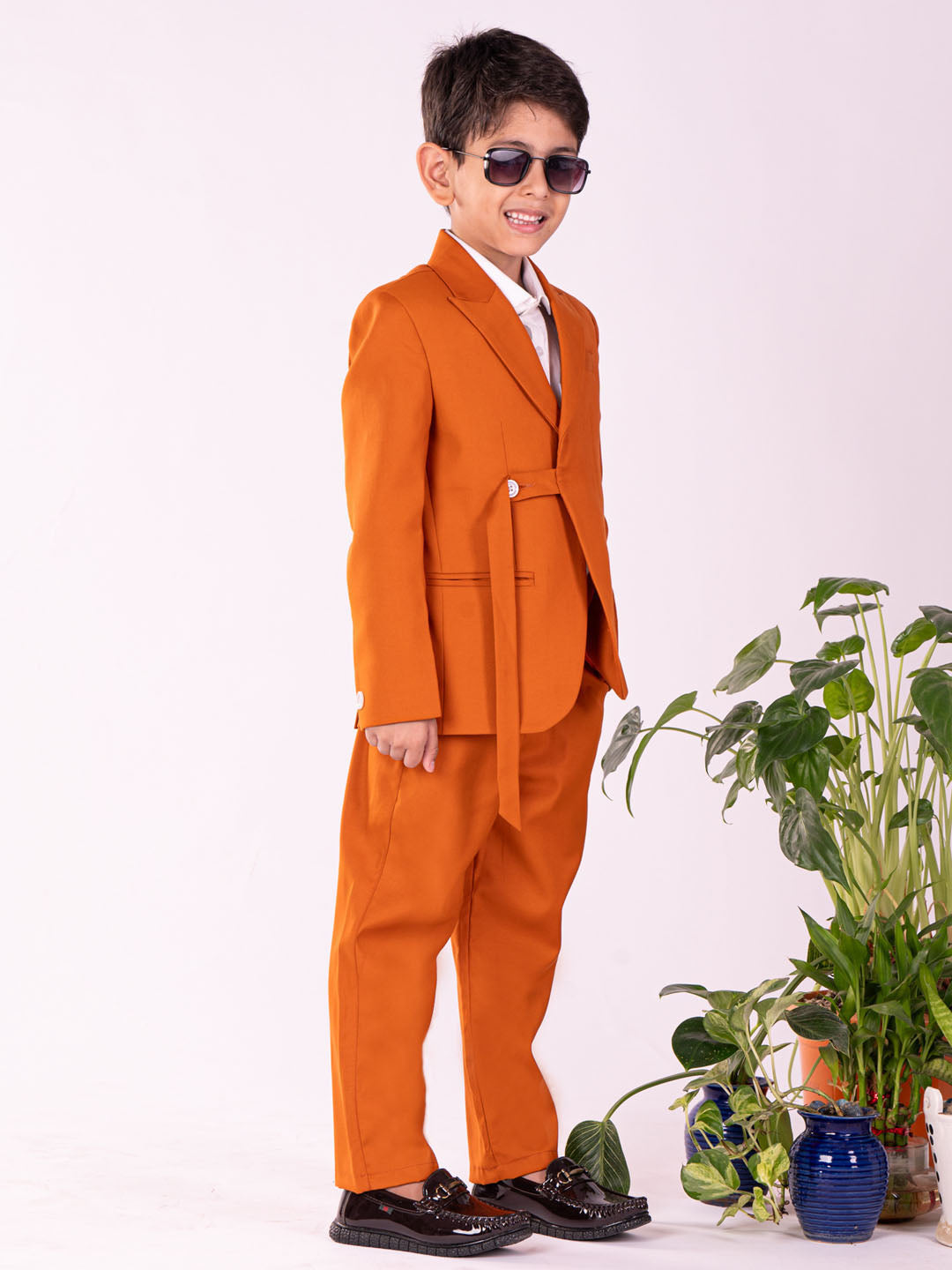 Boy's' White And Orange Shirt Blazer And Pant