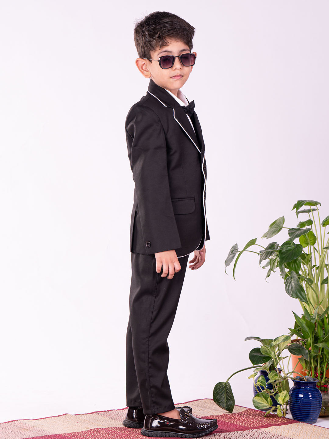 Boy's' White And Black Shirt Blazer And Pant