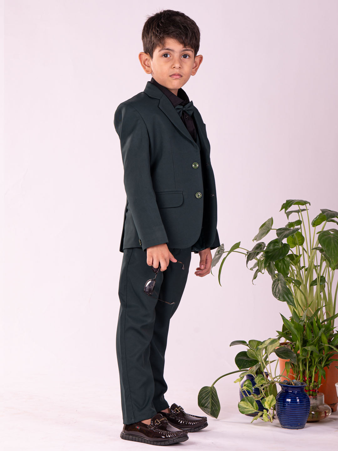 Boy's' Black And Green Shirt Blazer Waist Coat And Pant