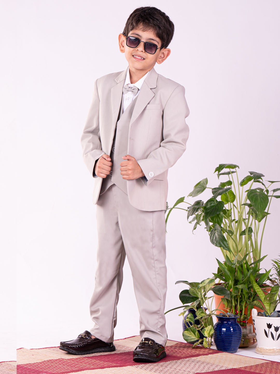 Boy's' White And Gray Shirt Blazer Waist Coat And Pant