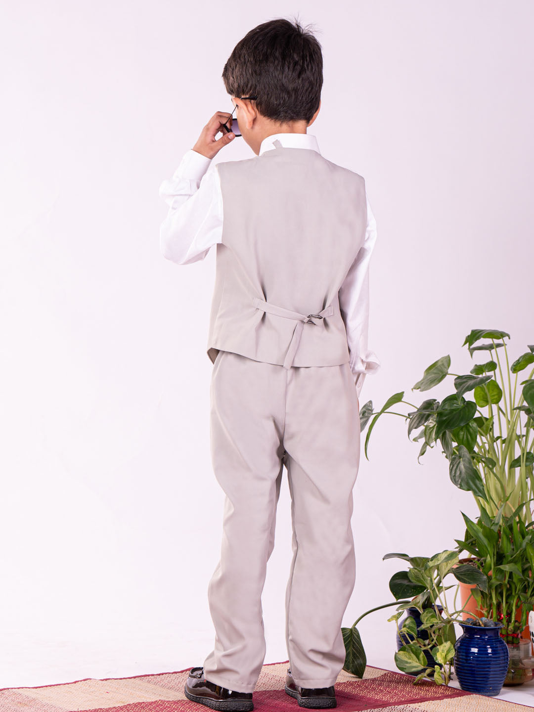 Boy's' White And Gray Shirt Blazer Waist Coat And Pant
