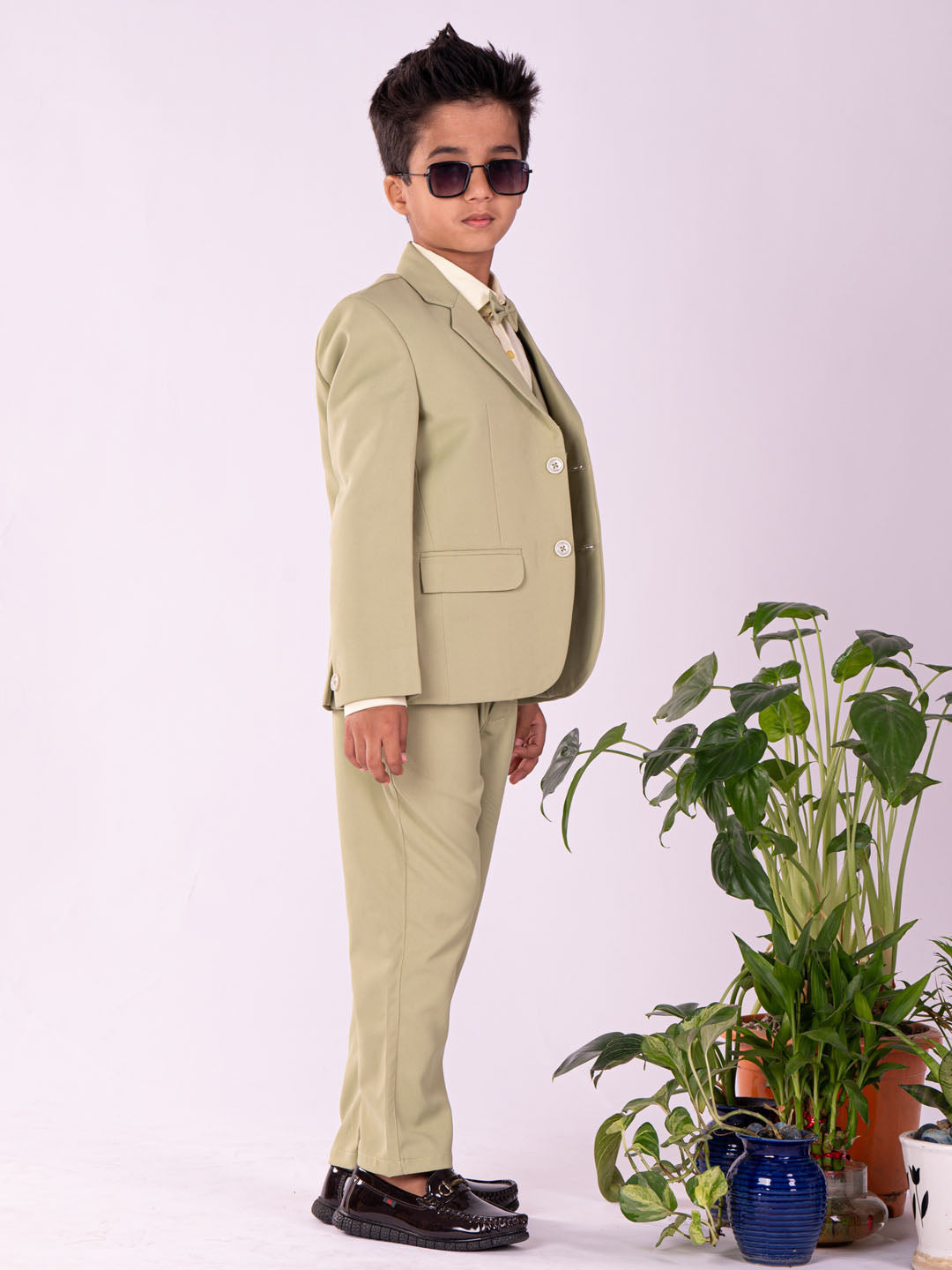 Boy's' Black And Mint Green Shirt Blazer Waist Coat And Pant