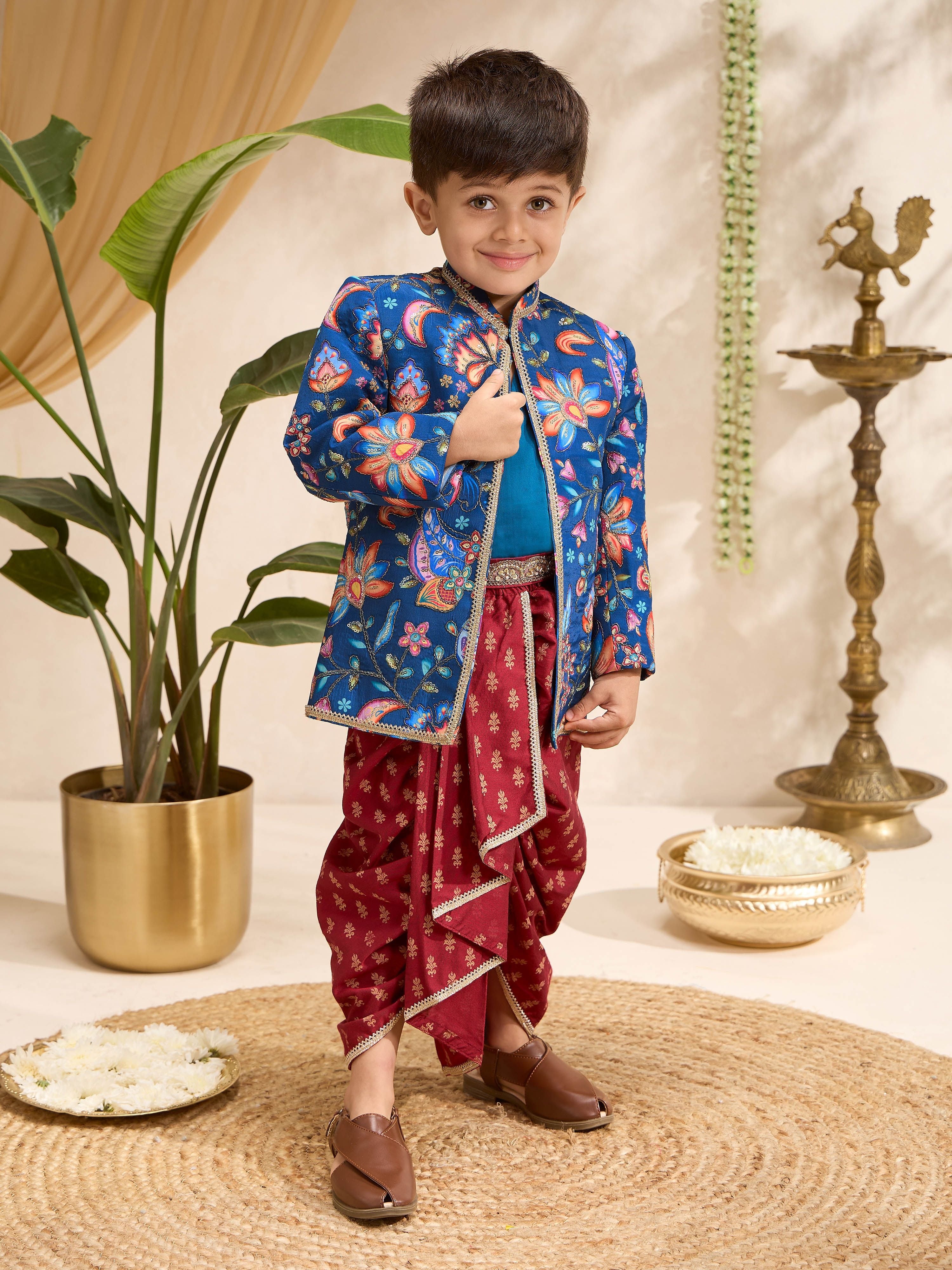 Boys Royal Blue Silk-Blend Embroidered Kurta Dhoti Set