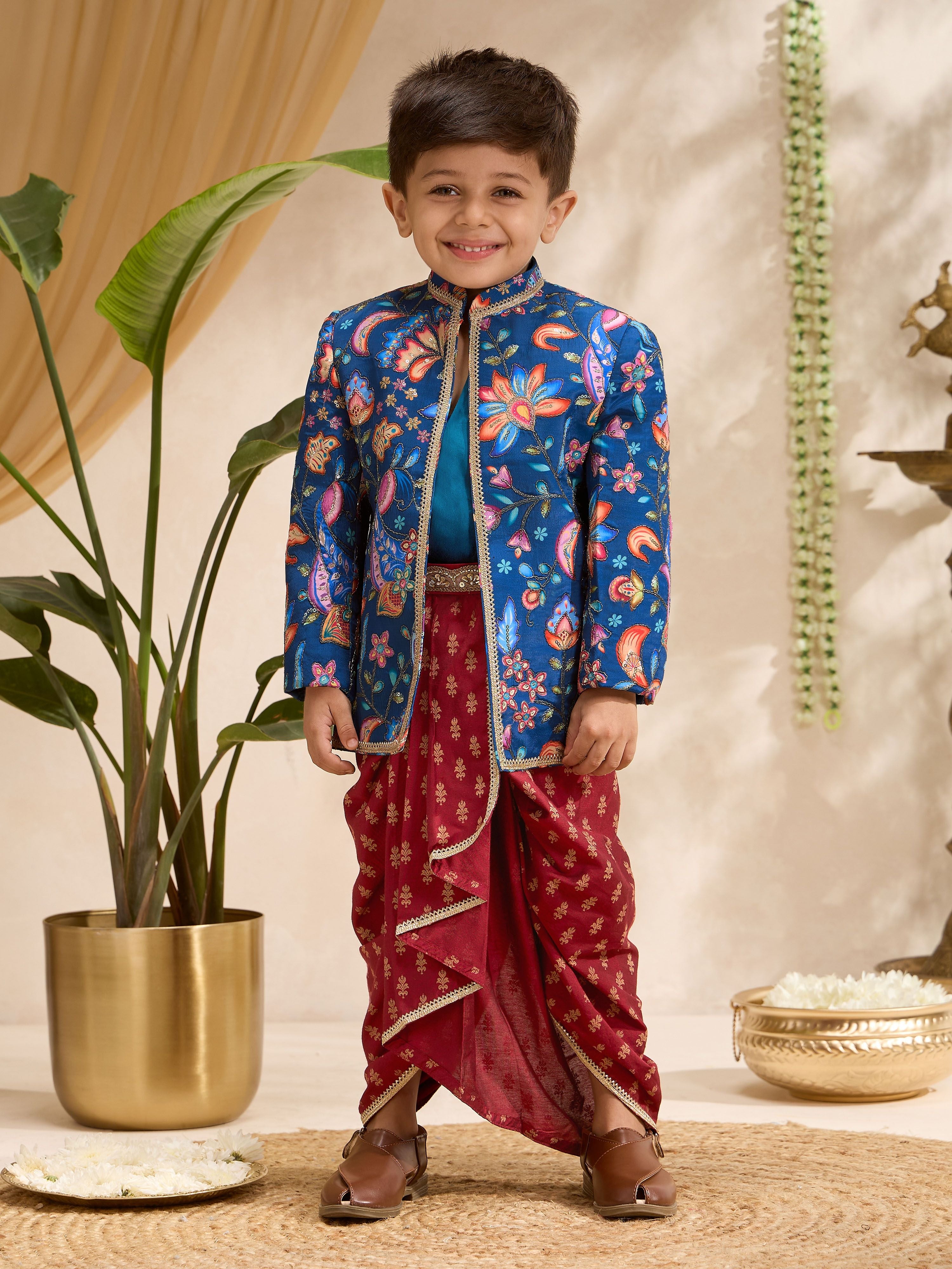 Boys's Blue Silk-Blend Embroidered Thigh Length Jaclet, Kurta And Dhoti Set