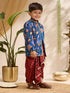 Boys's Blue Silk-Blend Embroidered Thigh Length Jaclet, Kurta And Dhoti Set