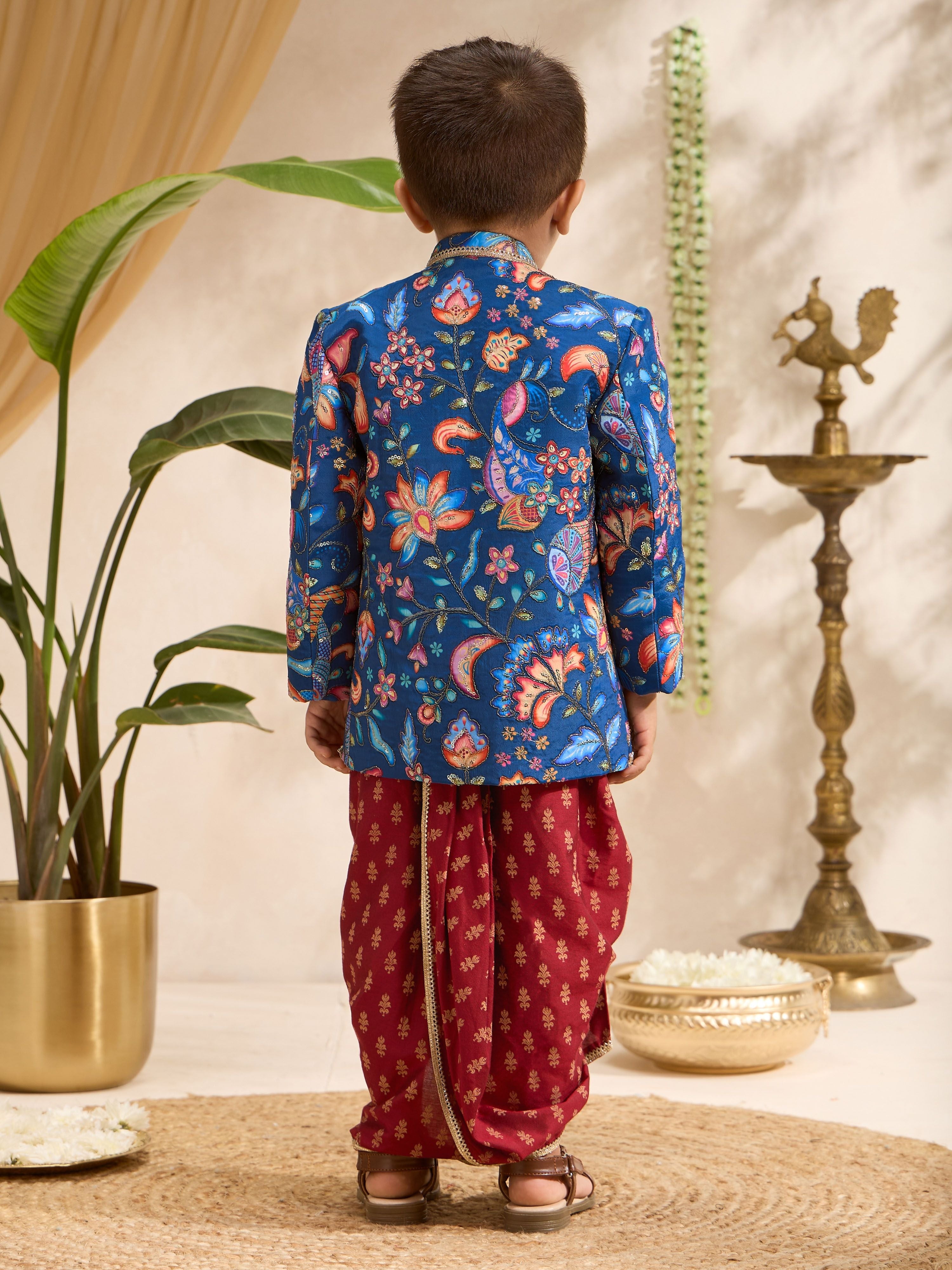 Boys's Blue Silk-Blend Embroidered Thigh Length Jaclet, Kurta And Dhoti Set
