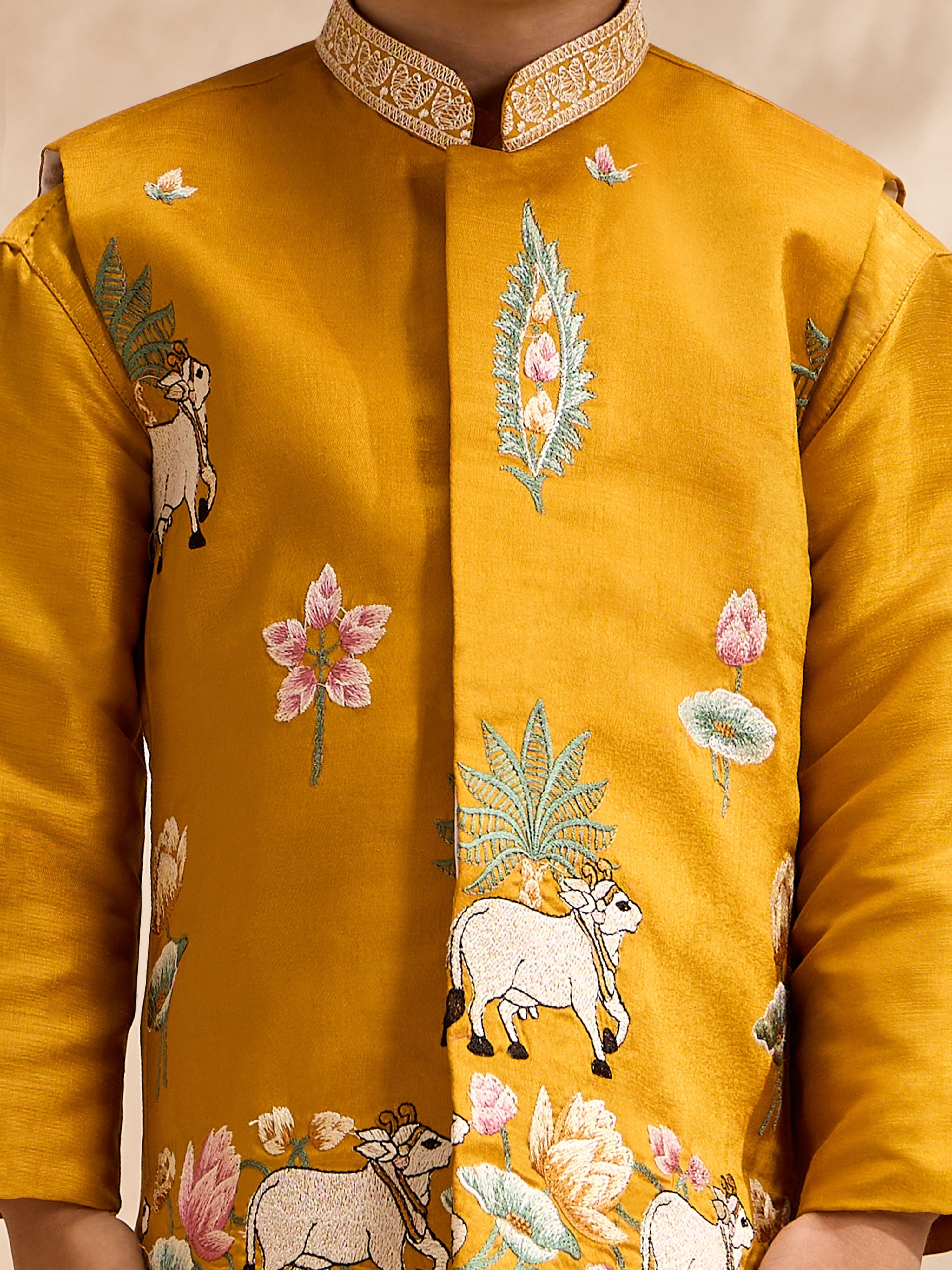 Boy's Mustard Silk-Blend Embroidered Thigh Length Nehru Jacket with Kurta and Pyjama Set