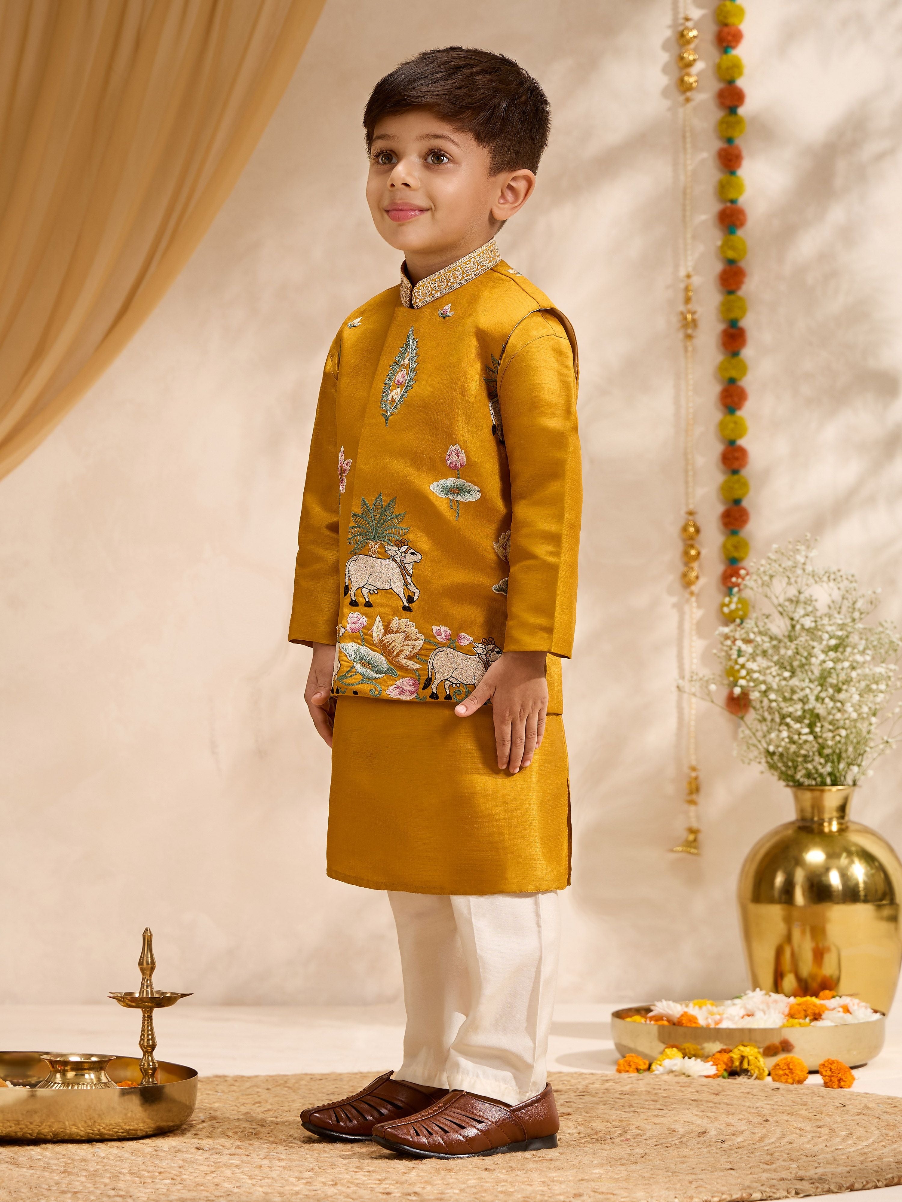 Boy's Mustard Silk-Blend Embroidered Thigh Length Nehru Jacket with Kurta and Pyjama Set