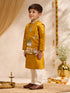 Boy's Mustard Silk-Blend Embroidered Thigh Length Nehru Jacket with Kurta and Pyjama Set
