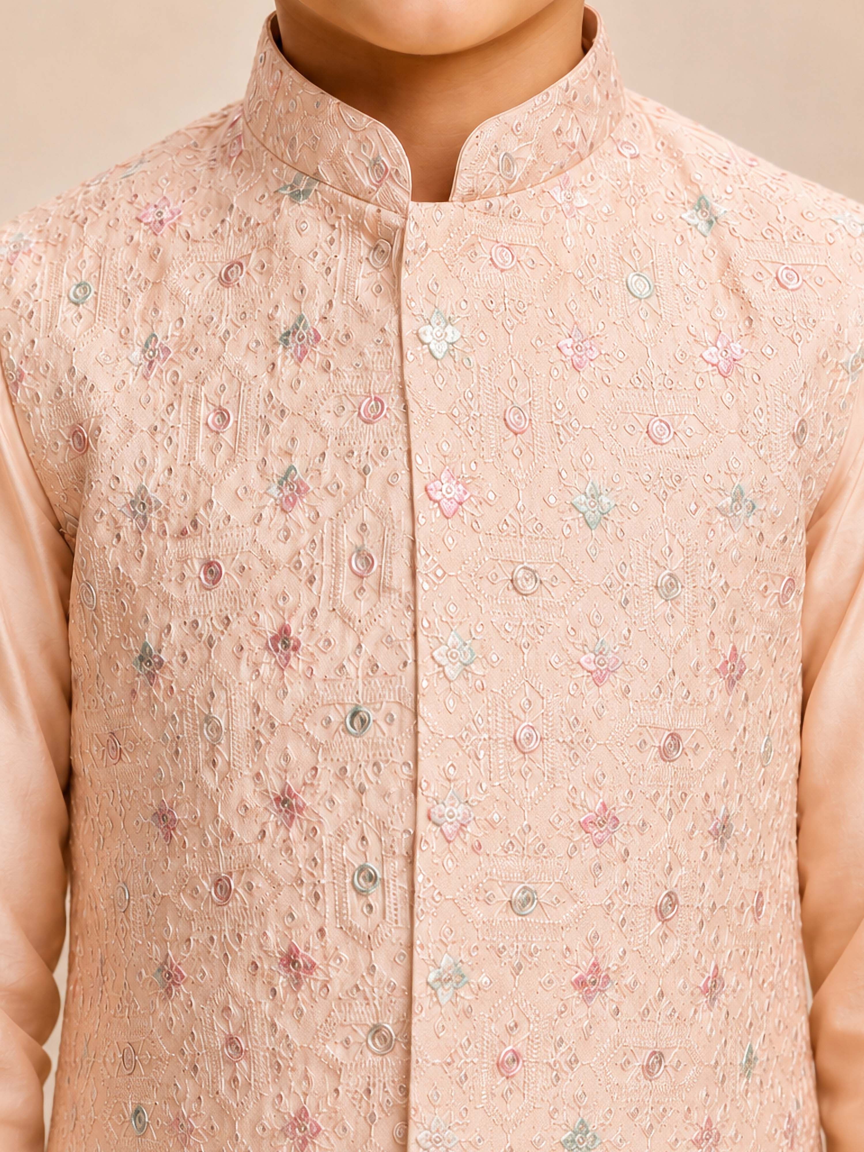 Boy's Peach Silk-Blend Embroidered Knee Length Kurta, Pyjama and Jacket Set