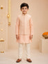 Boy's Peach Silk-Blend Embroidered Knee Length Kurta, Pyjama and Jacket Set