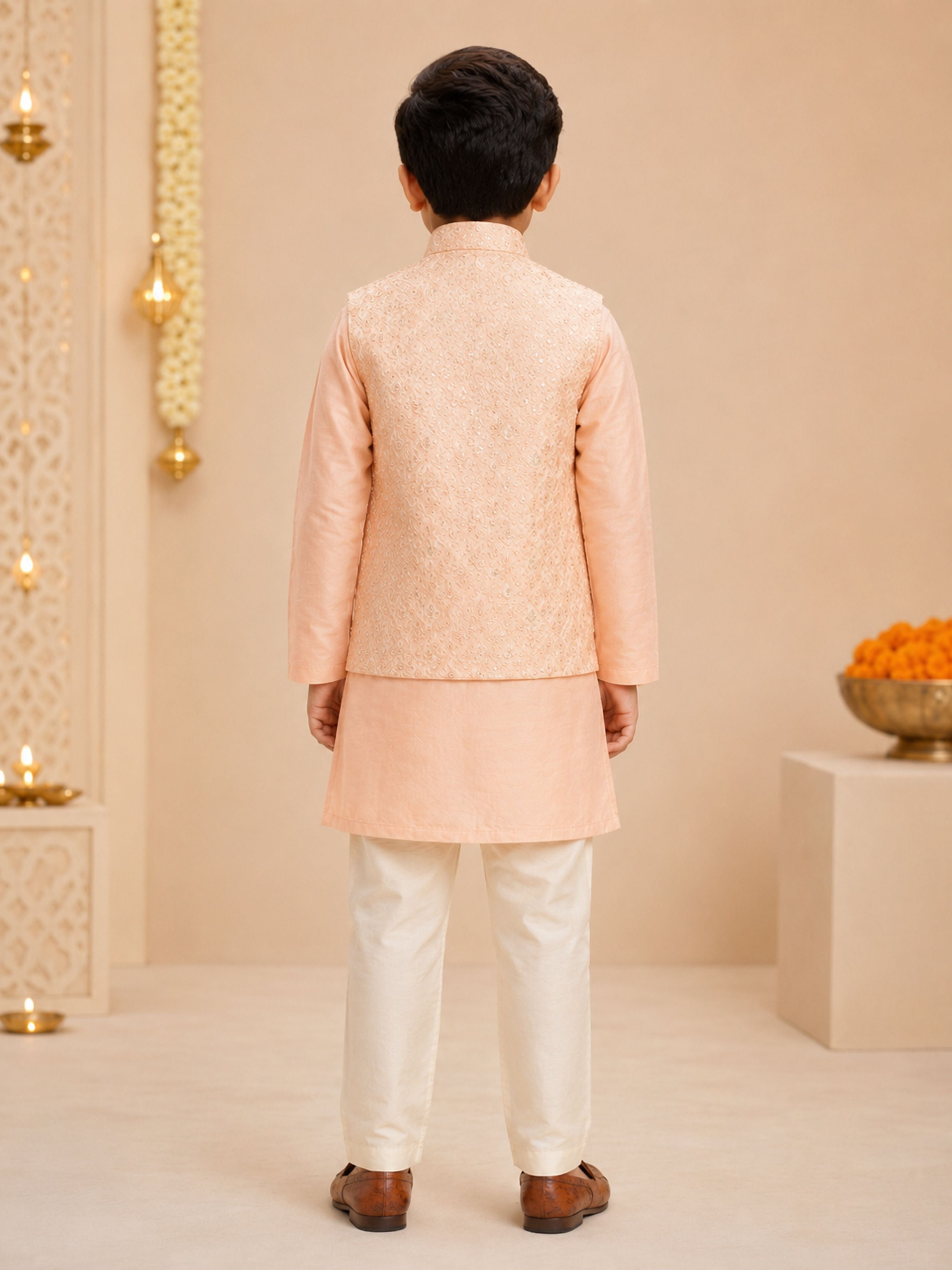 Boy's Peach Silk-Blend Embroidered Knee Length Kurta, Pyjama and Jacket Set