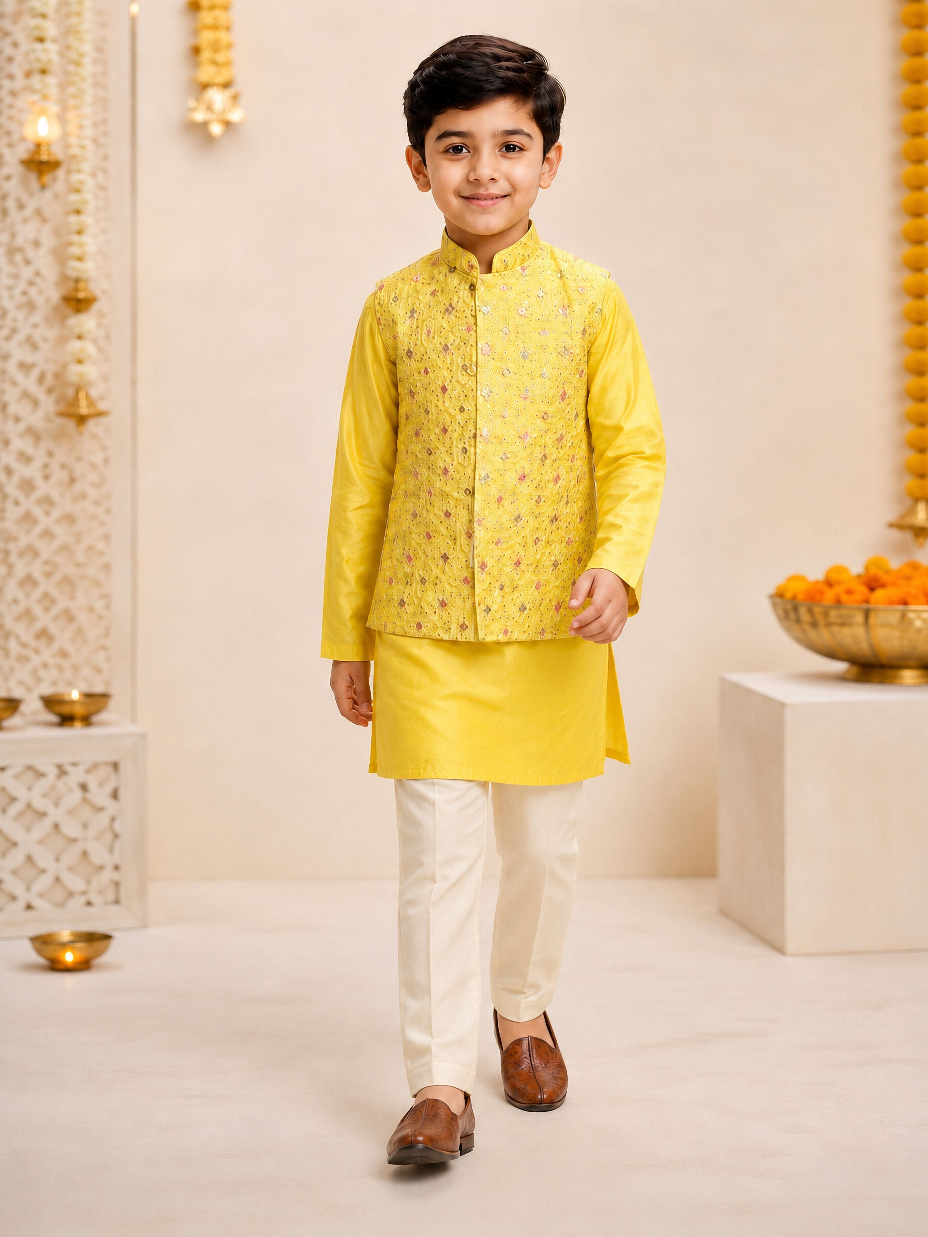 Boy Yellow Silk Blend Kurta, Pyjama and Jacket Set Festive, Festive Glitz, Indated Traditions, Summer / Casual, All regions Ethnic Wear