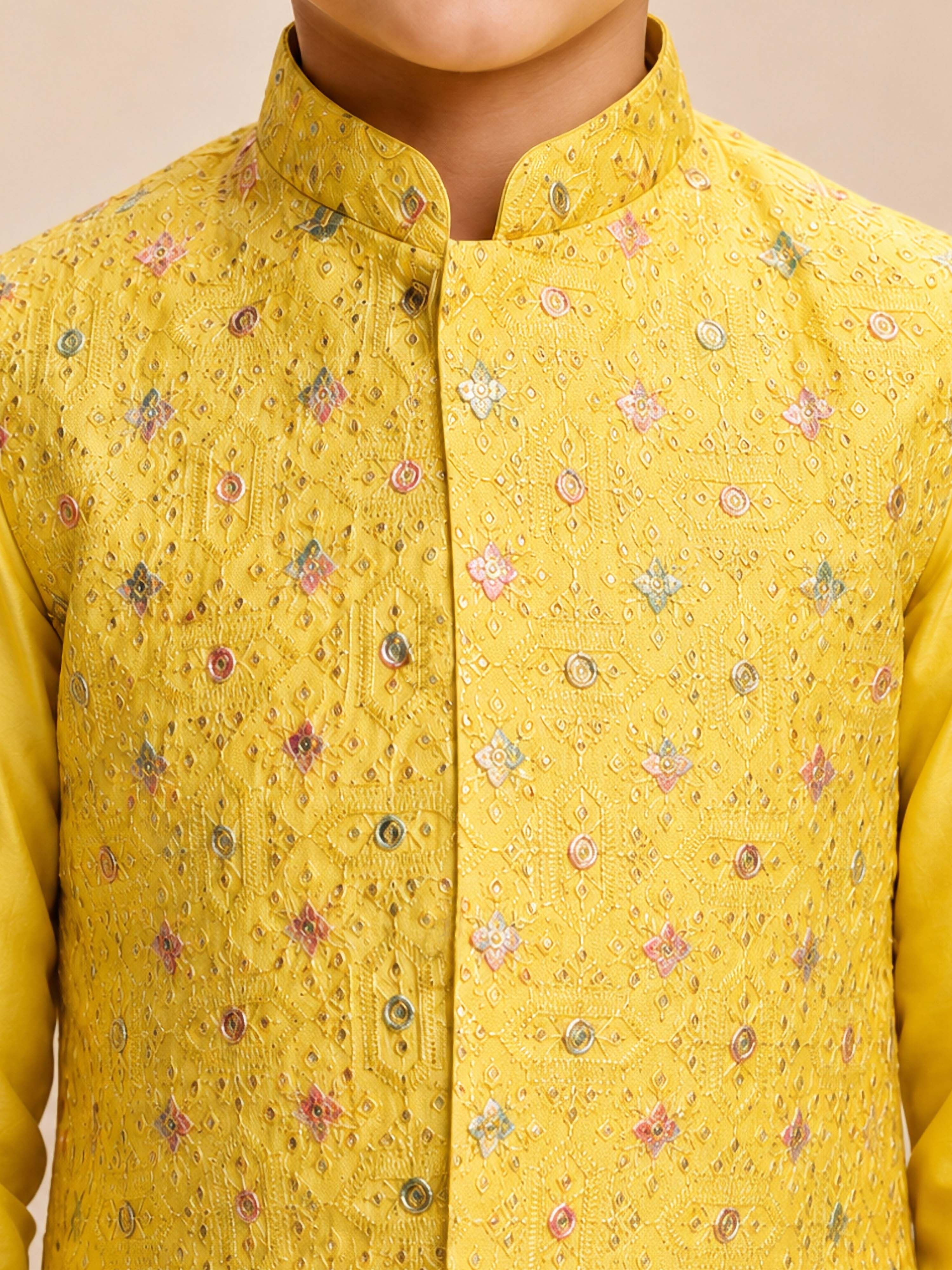 Boy's Yellow Silk-Blend Embroidered Knee Length Kurta, Pyjama and Jacket Set