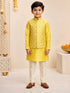 Boy's Yellow Silk-Blend Embroidered Knee Length Kurta, Pyjama and Jacket Set