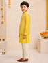 Boy's Yellow Silk-Blend Embroidered Knee Length Kurta, Pyjama and Jacket Set