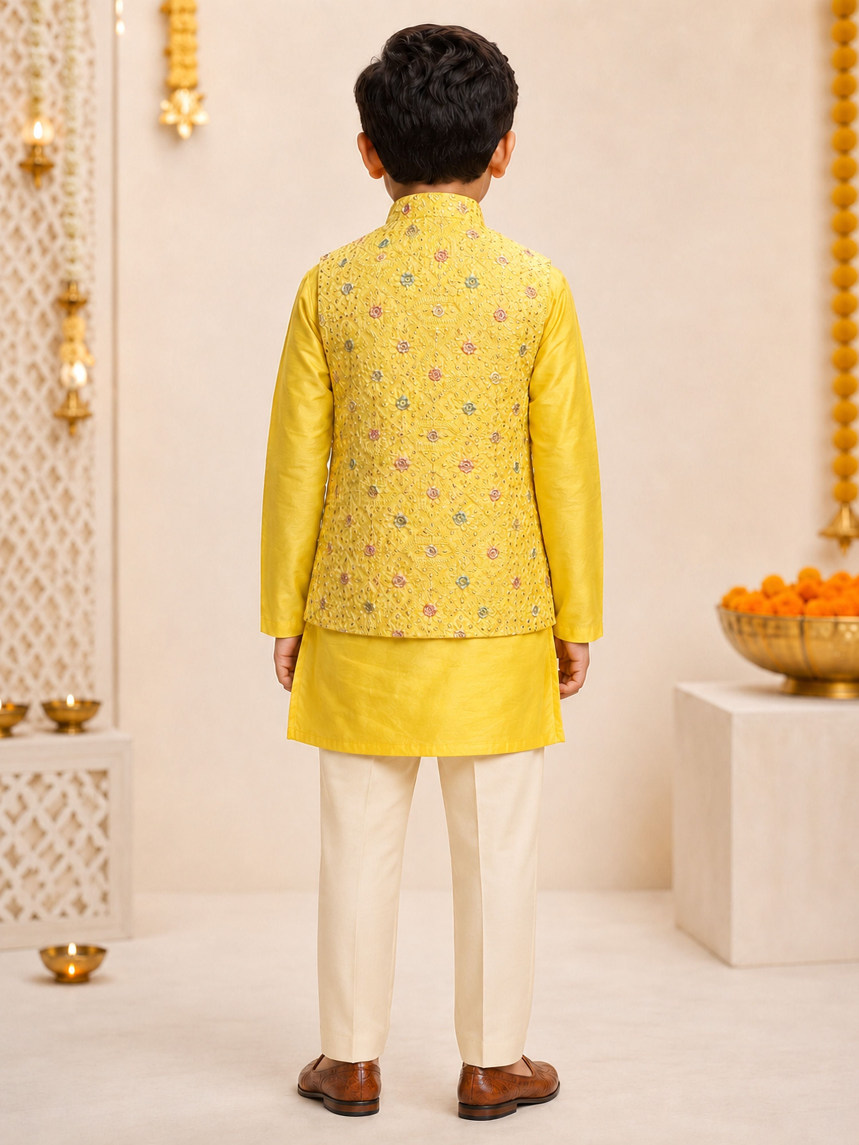 Boy's Yellow Silk-Blend Embroidered Knee Length Kurta, Pyjama and Jacket Set