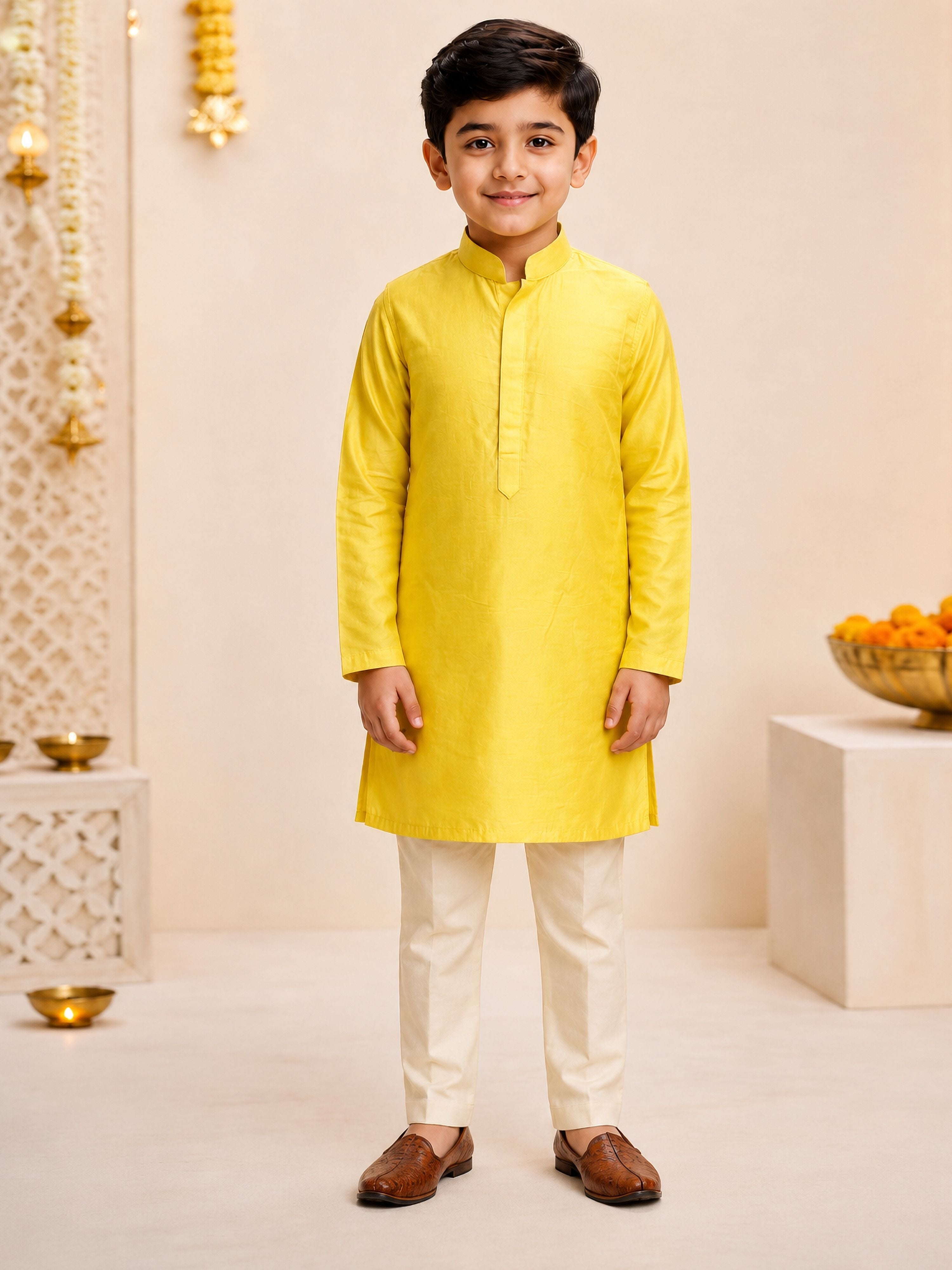 Boy's Yellow Silk-Blend Embroidered Knee Length Kurta, Pyjama and Jacket Set