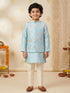 Boy's Aqua Silk-Blend Embroidered Knee Length Kurta, Pyjama and Jacket Set