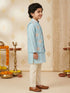Boy's Aqua Silk-Blend Embroidered Knee Length Kurta, Pyjama and Jacket Set