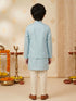 Boy's Aqua Silk-Blend Embroidered Knee Length Kurta, Pyjama and Jacket Set