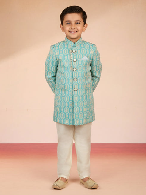 Boy's Aqua Silk Blend Sherwani Set