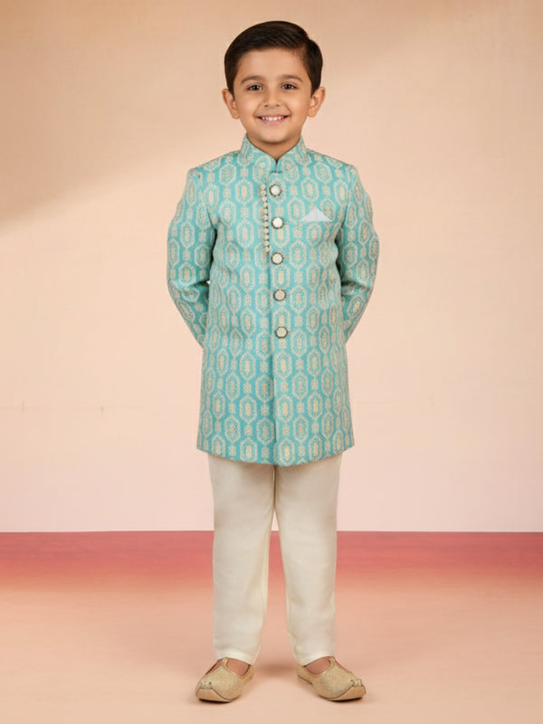 Boy's Aqua Silk Blend Sherwani Set