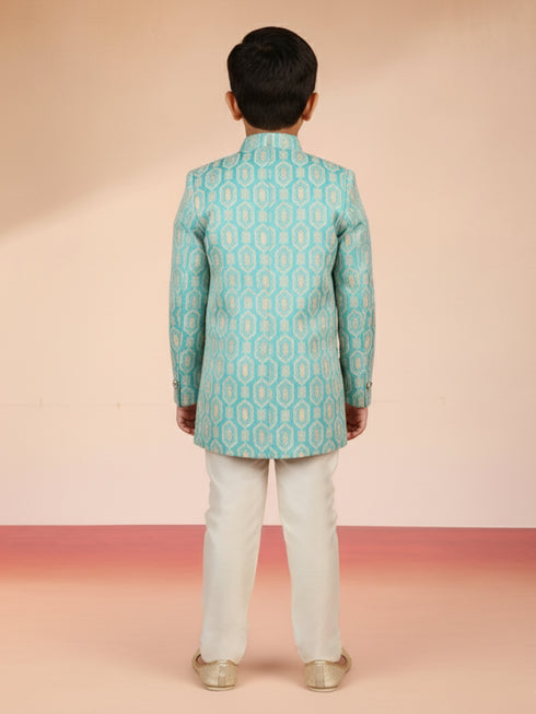 Boy's Aqua Silk Blend Sherwani Set