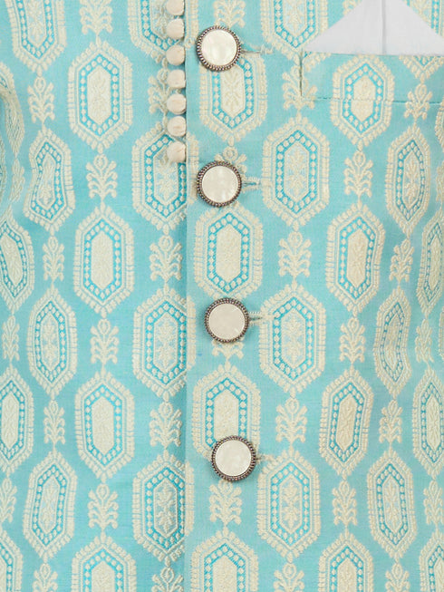 Boy's Aqua Silk Blend Sherwani Set