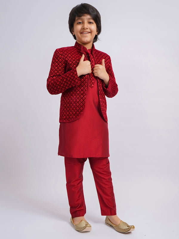 Boy's' Maroon Jodhpuri And Kurta Pyjama Combo Set