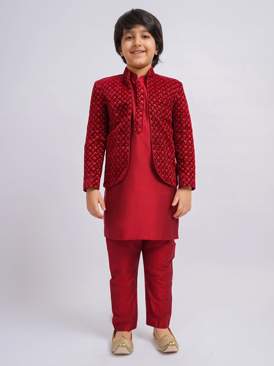 Boy's' Maroon Jodhpuri And Kurta Pyjama Combo Set