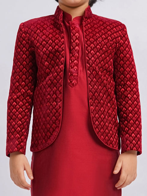 Boy's' Maroon Jodhpuri And Kurta Pyjama Combo Set