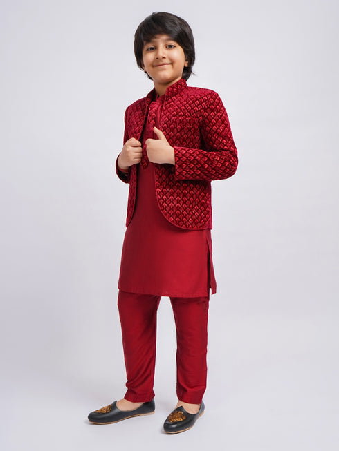 Boy's' Maroon Jodhpuri And Kurta Pyjama Combo Set