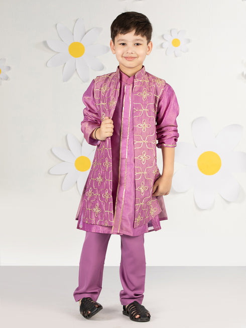 Boy's' Purple Jacket, Kurta And Pyjama Set