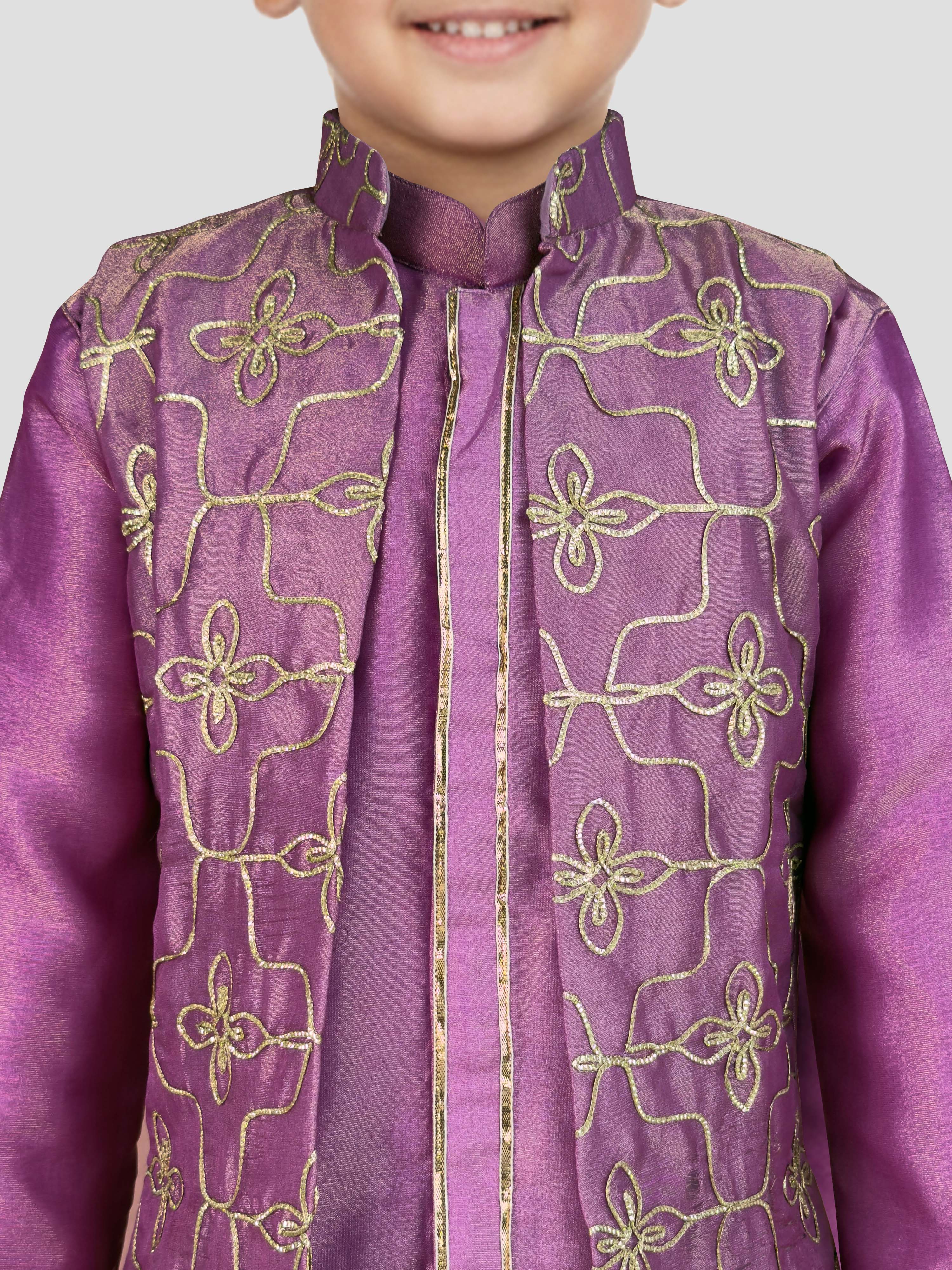Boy's' Purple Jacket, Kurta And Pyjama Set