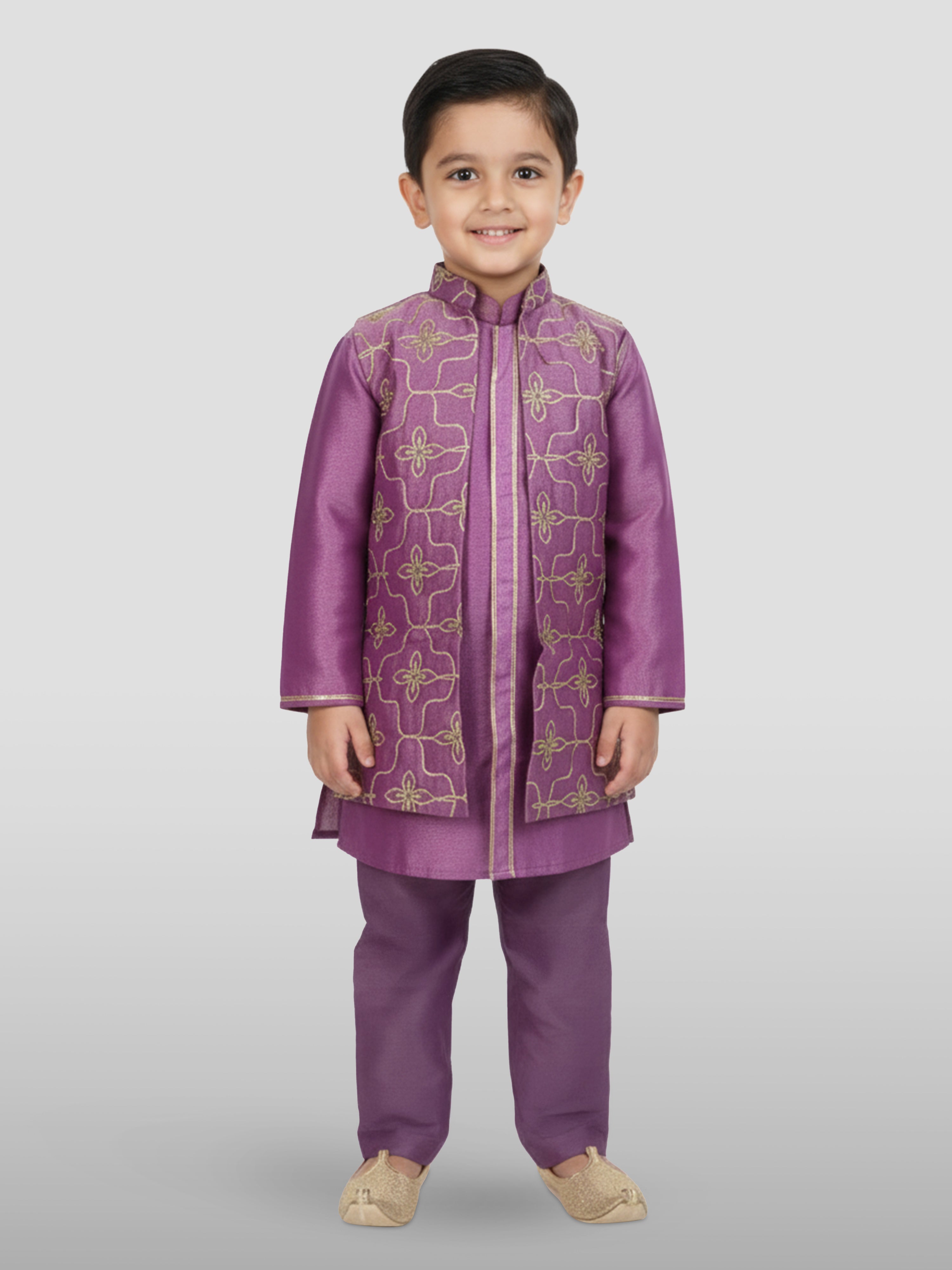 Boy's' Purple Jacket, Kurta And Pyjama Set