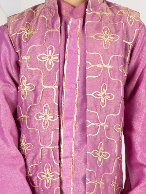 Boy's' Purple Jacket, Kurta And Pyjama Set