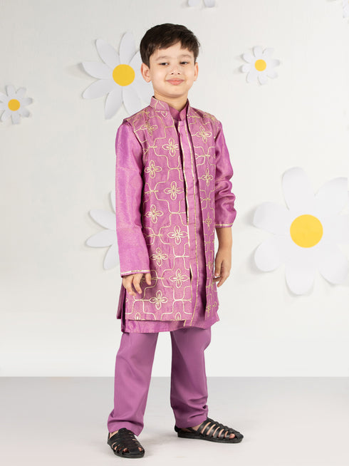 Boy's' Purple Jacket, Kurta And Pyjama Set