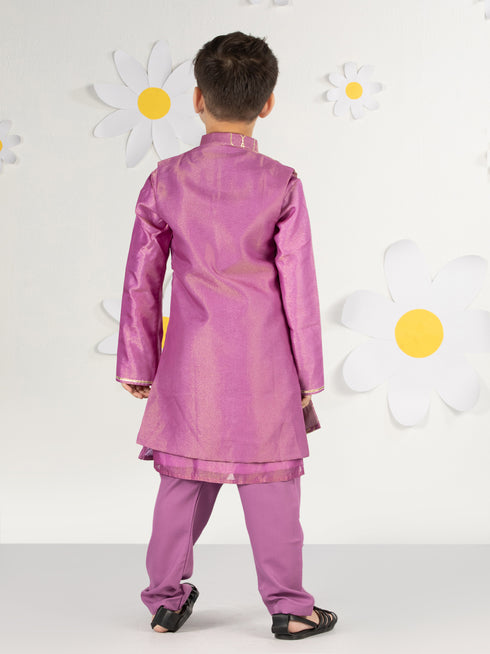 Boy's' Purple Jacket, Kurta And Pyjama Set
