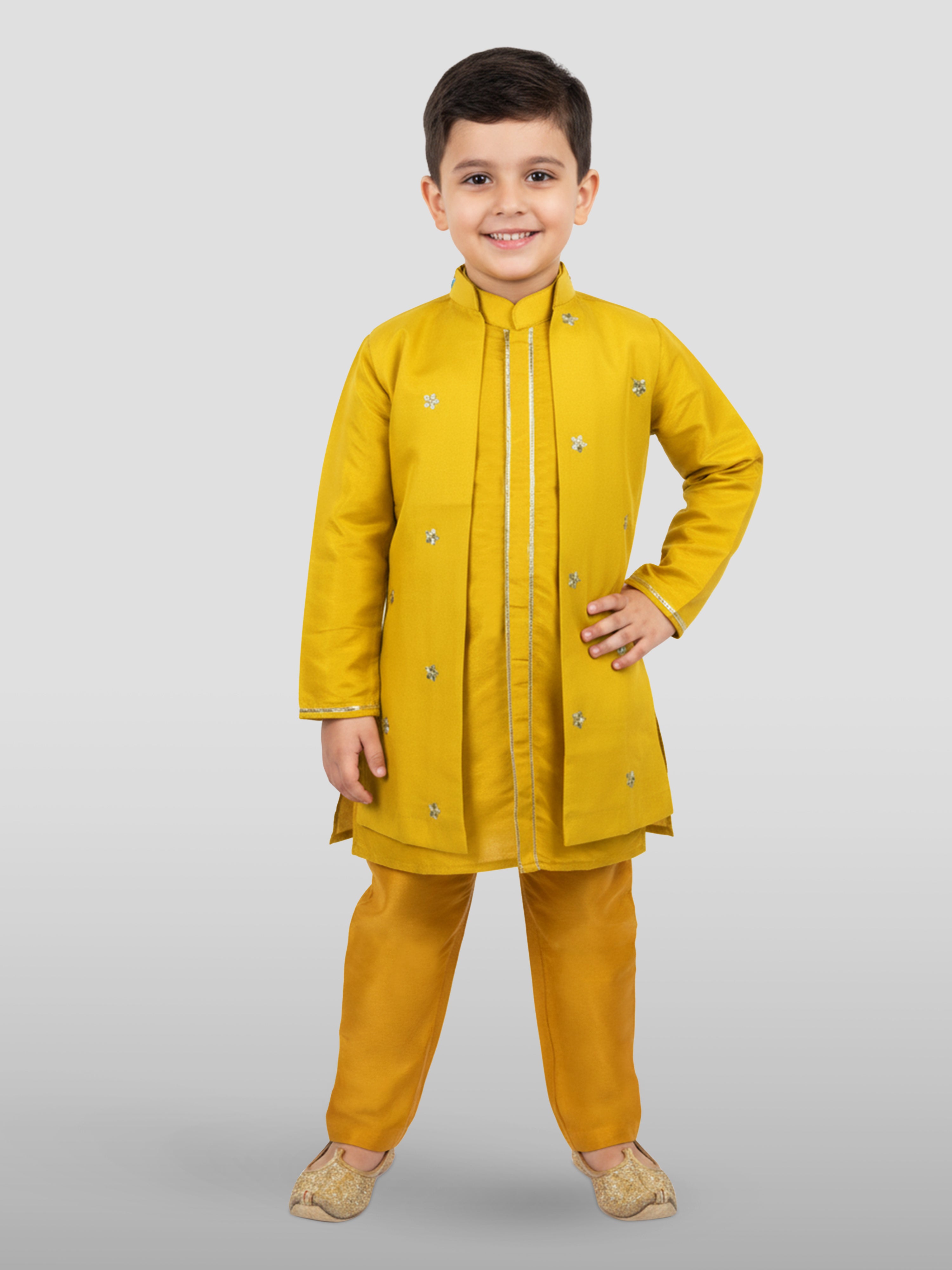 Boy's' Mustard Jacket, Kurta And Pyjama Set