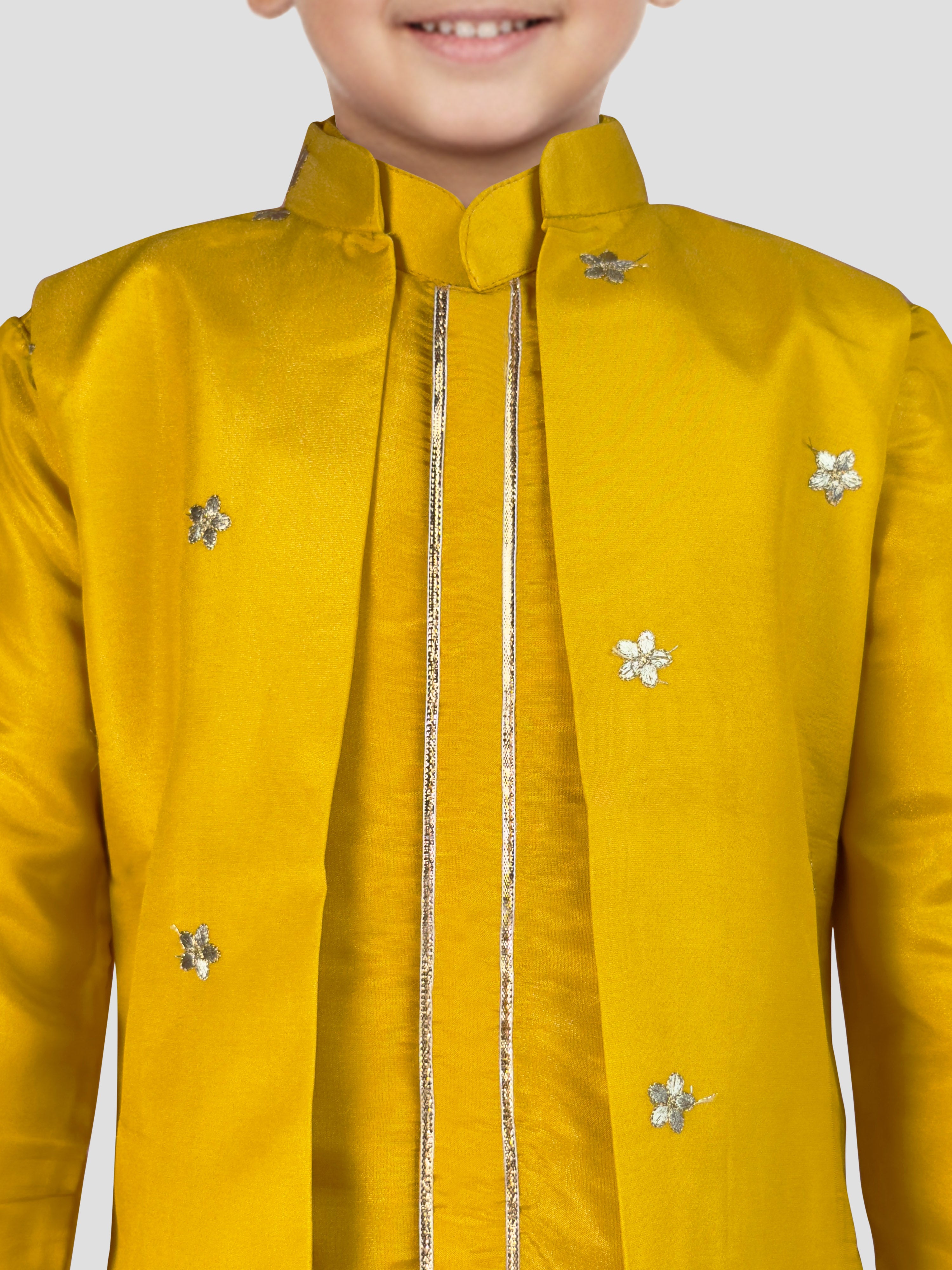 Boy's' Mustard Jacket, Kurta And Pyjama Set