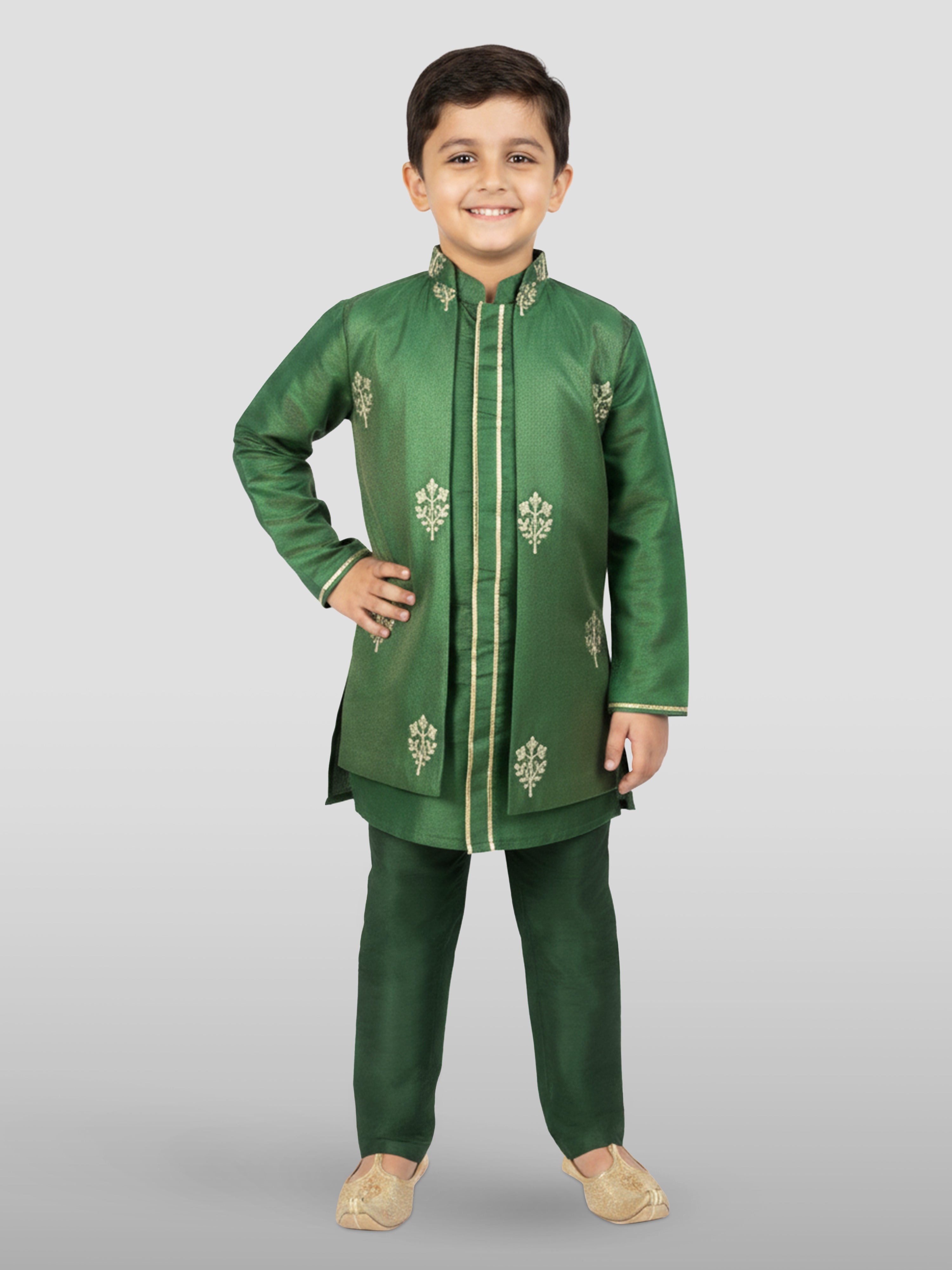 Boy's' Green Jacket, Kurta And Pyjama Set
