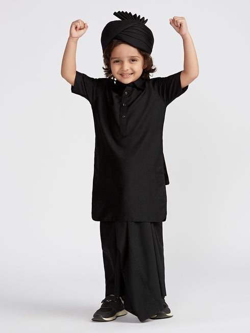 Boy's' Black Viscose Kurta Lungi And Safa Set