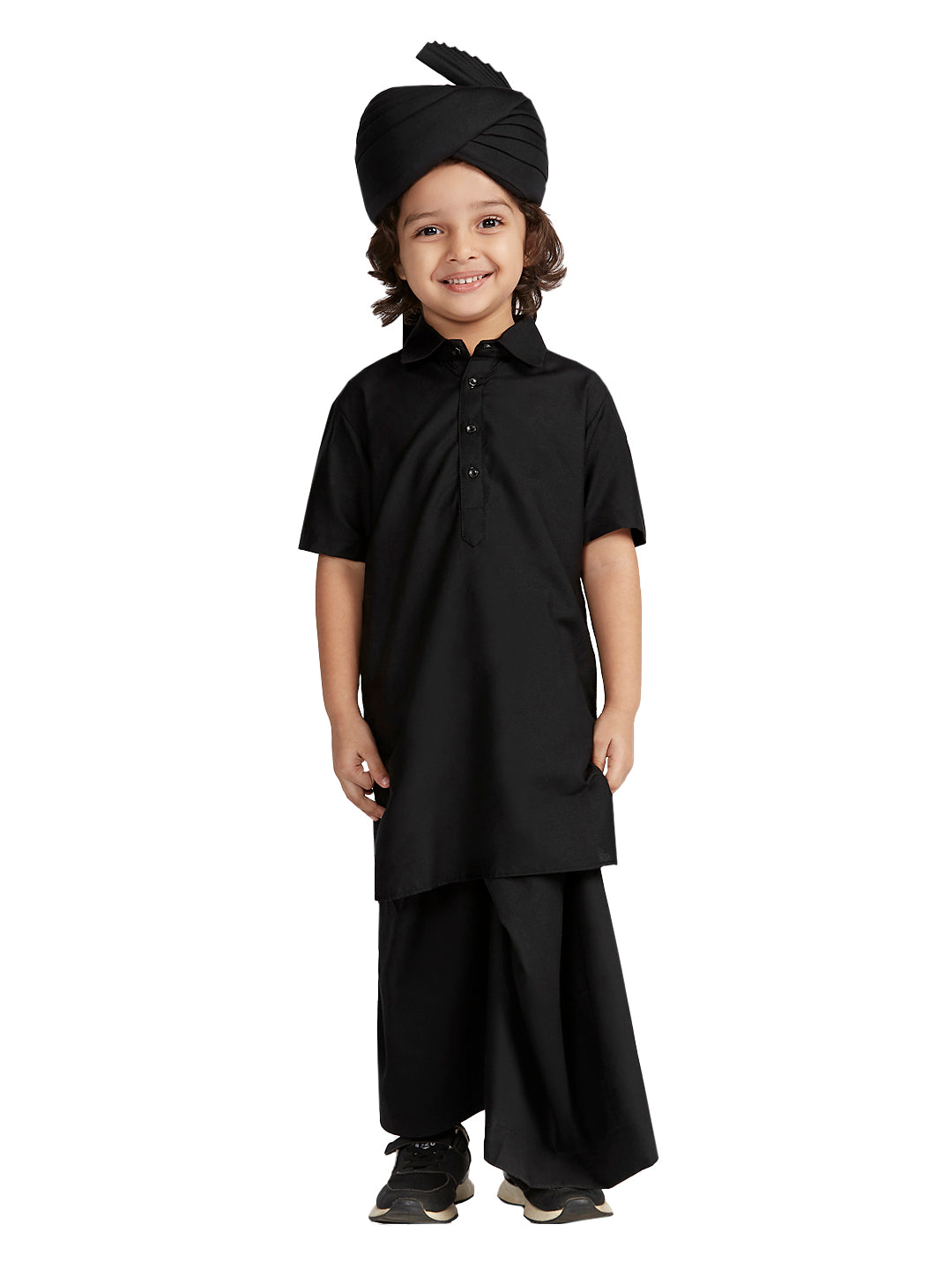 Boy's' Black Viscose Kurta Lungi And Safa Set