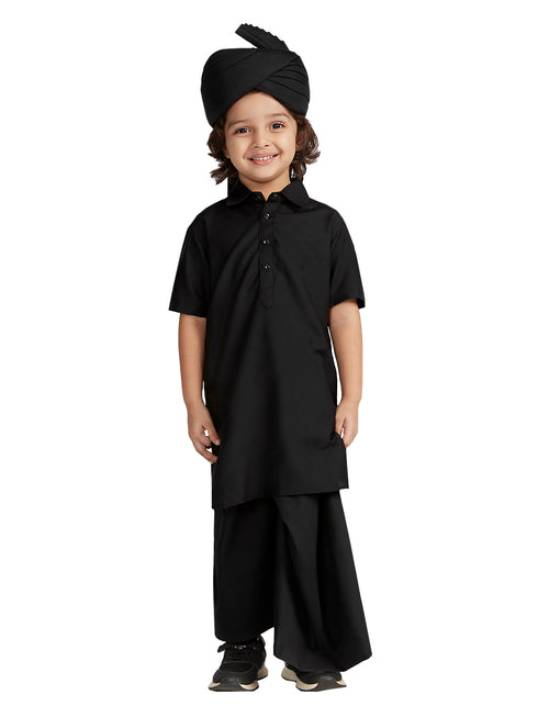 Boy's' Black Viscose Kurta Lungi And Safa Set