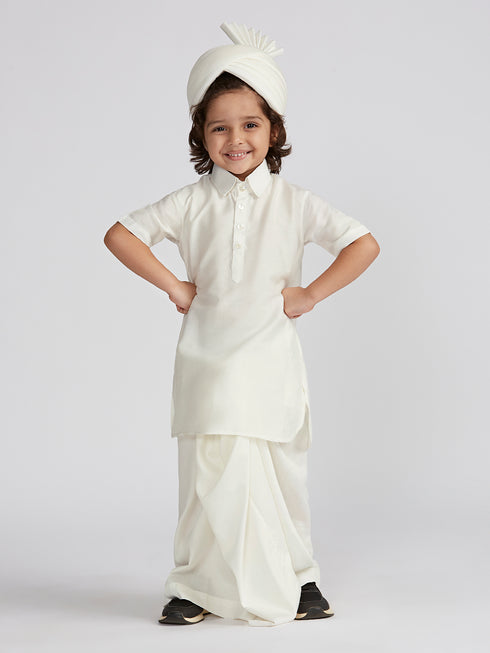 Boy's' White Viscose Kurta Lungi And Safa Set