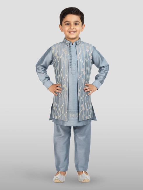 Boy's' Aqua Jacket, Kurta And Pyjama Set.