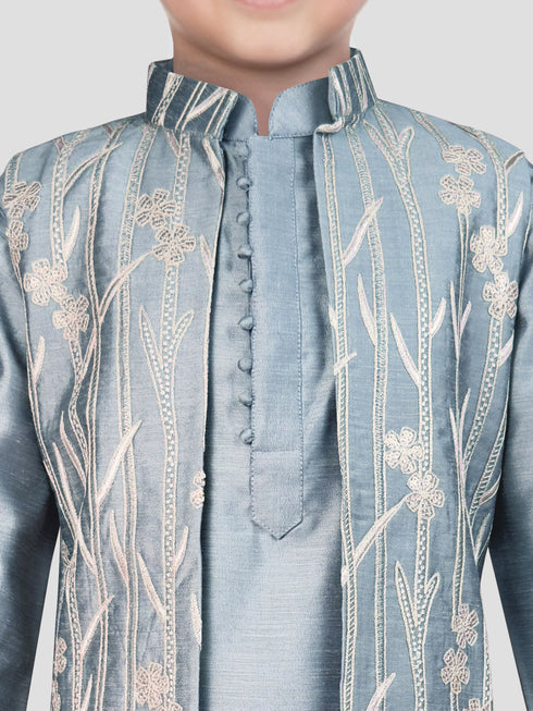 Boy's' Aqua Jacket, Kurta And Pyjama Set.