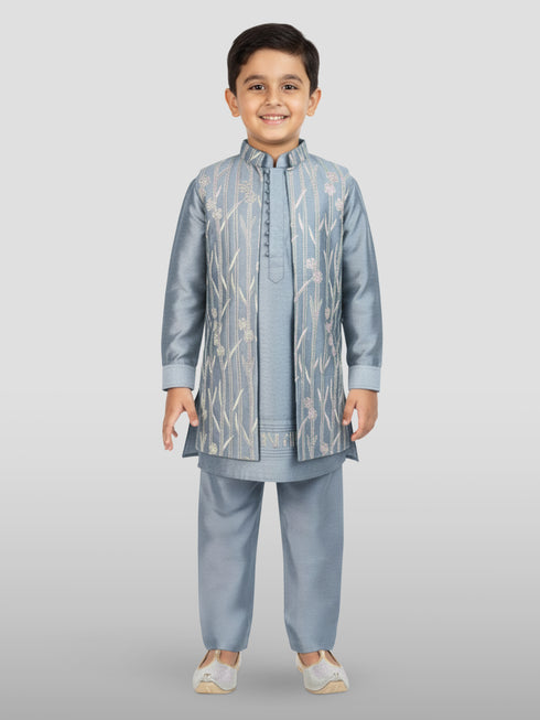 Boy's' Aqua Jacket, Kurta And Pyjama Set.